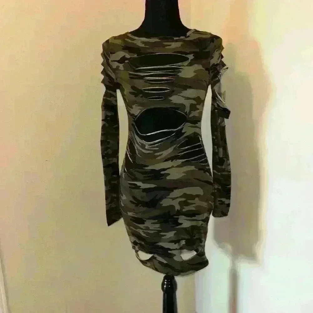 SHEIN Green Camouflage Cut-Out Dress